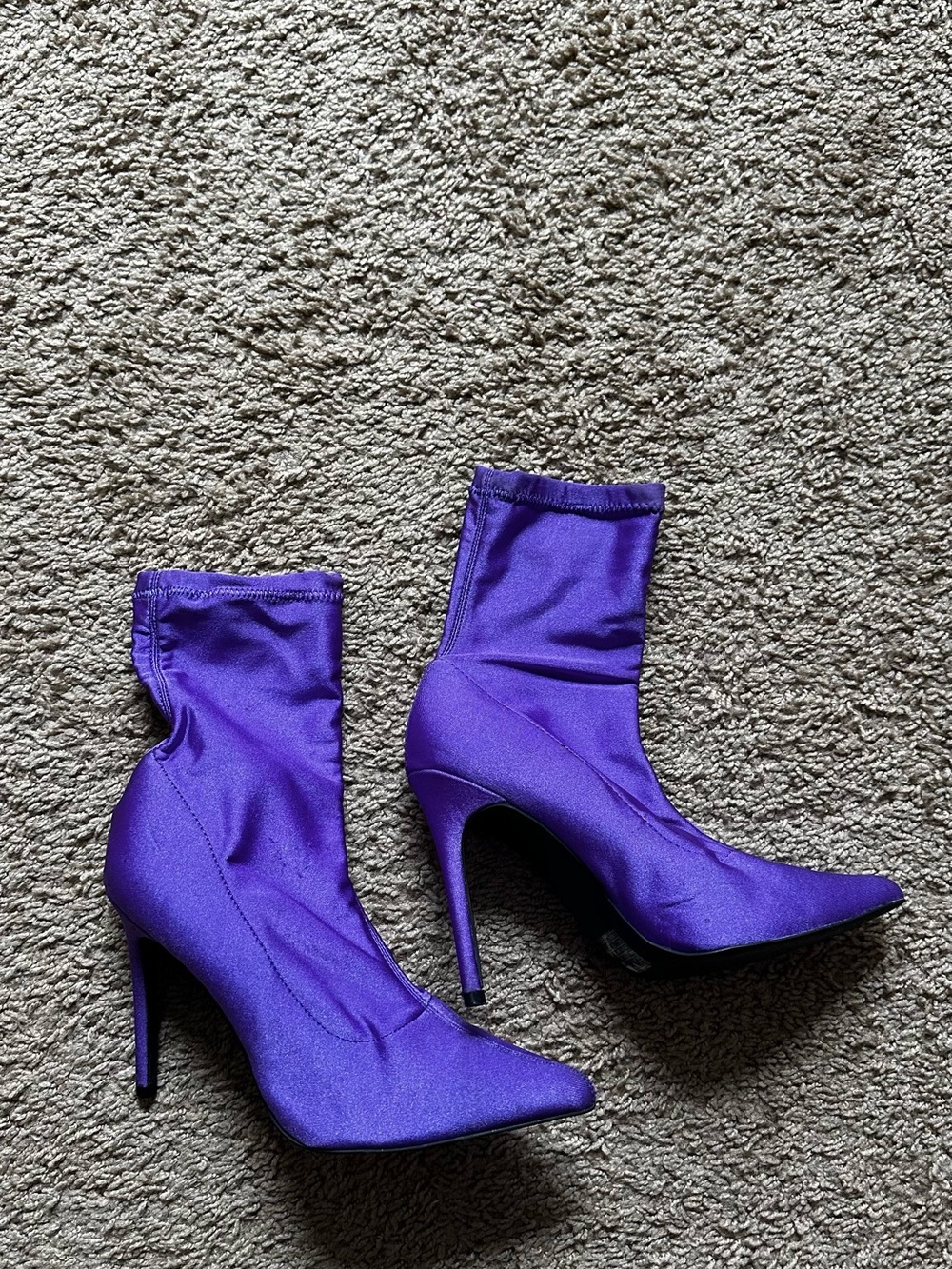 Purple Pointed Toe Stretch Sock Bootie Heels